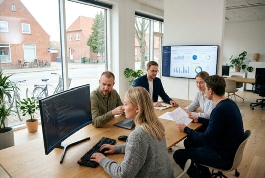 Dansk webbureau i Assentoft med team, der arbejder med digitale løsninger foran skærme