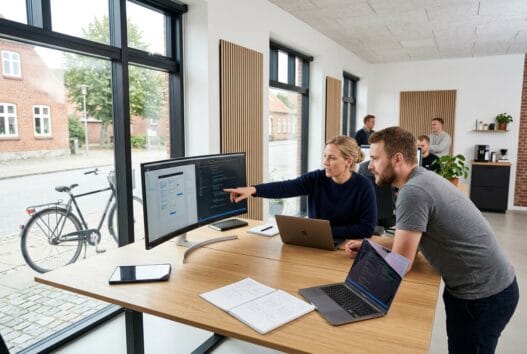Skandinavisk webbureau i Asserballe med team ved computer og digitale dashboards