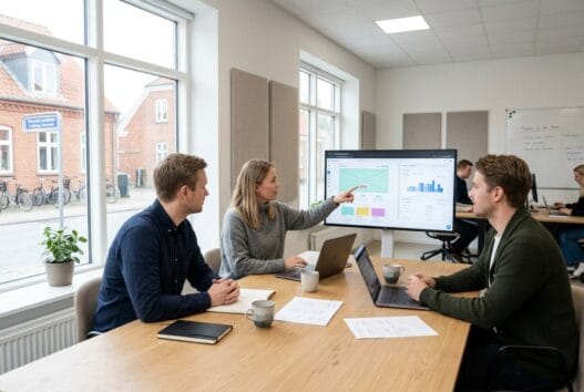 Moderne webbureau i Astrup (9510) med dansk team foran skærme i lyst kontor