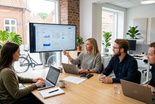 Dansk webudvikler arbejder ved computer i augustenborgs moderne kontor med dashboard og kode på skærmen