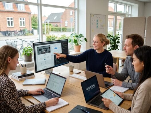 Skandinavisk webbureau i Aulum med team ved computer, der arbejder med digitalt design og SEO