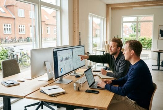 Moderne kontor med dansk webbureau i Auning, hvor et team arbejder med webdesign og digital markedsføring.