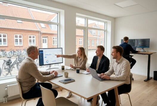 Skandinavisk webbureau i aunslev med team ved computer og digitale dashboards i lyst kontor