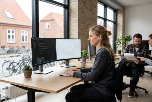 Moderne webbureau i Avnbøl med dansk team ved computer og digitale skærme