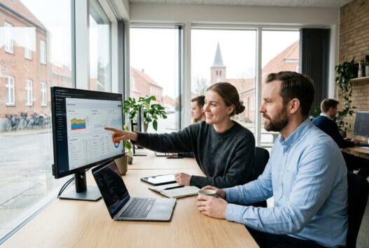 Moderne webbureau i Bælum med dansk team, der arbejder med design, kode og digitale dashboards