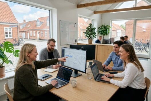 Moderne webbureau i Bække med team ved computere og digitale dashboards