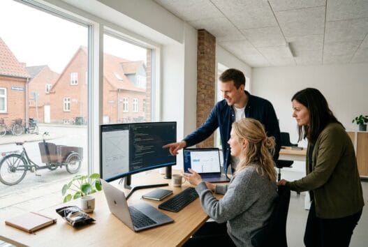 Skandinavisk team arbejder med webdesign og digitale dashboards på kontor i bækmarksbro