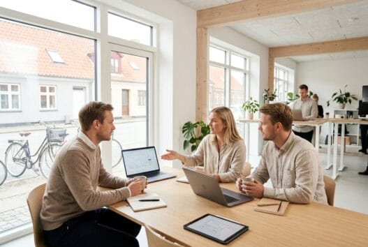 Skandinavisk webbureau i balka med team ved computer og digitale dashboards i naturligt lys