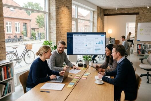 Moderne webbureau i Balle med dansk team ved computer og digitale dashboards