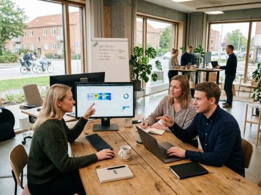 Skandinavisk team arbejder med webdesign og digitale dashboards på kontor i Ballerup