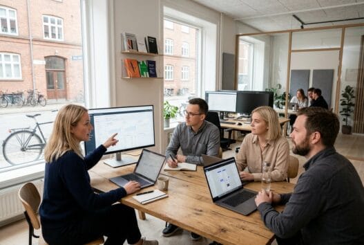 Skandinavisk team arbejder med webdesign og SEO på kontor i Balling