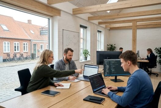 Moderne webbureau i Ballum med team foran skærme og digitale dashboards