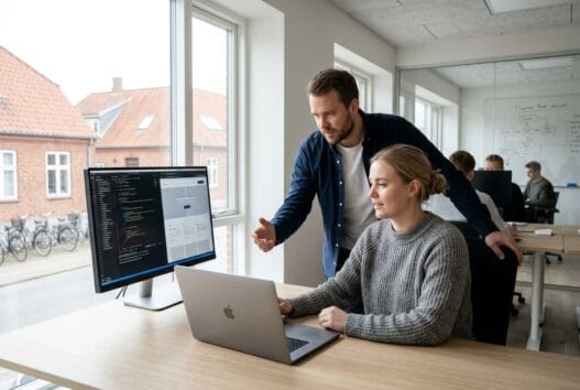 Dansk team arbejder med webdesign og digitale data i et moderne kontor i barde