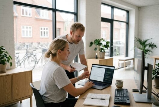 Dansk webbureau i Beder med team ved computer og dashboards i et moderne kontor