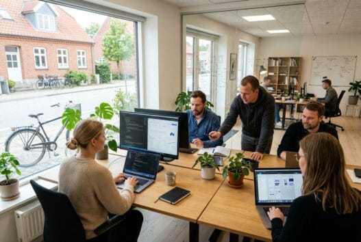 Moderne webbureau i Beder-Malling med dansk team, der arbejder ved computer i lyst kontormiljø