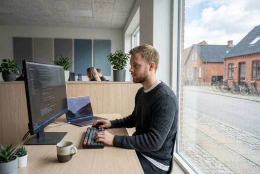 Moderne webbureau med dansk team ved computer i Bedsted (6240)