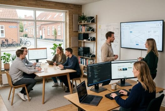 Moderne webbureau med dansk team ved computere i bedsted (7750), fokus på digitalt arbejde og samarbejde