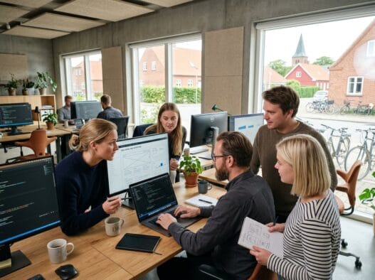 Moderne webbureau i bevtoft med team ved computere og digitale dashboards