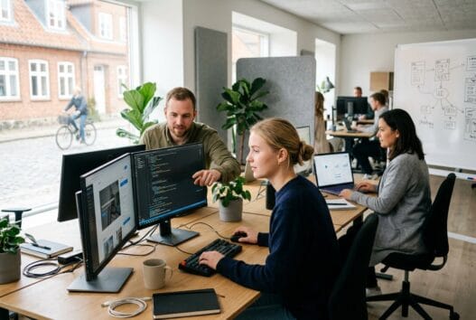 Moderne webbureau i Biersted med team foran computerskærme i lyst skandinavisk kontor