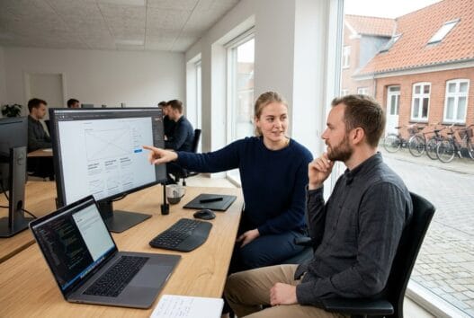 Dansk webbureau i Billum med team ved computer og digitale dashboards i lyst kontormiljø