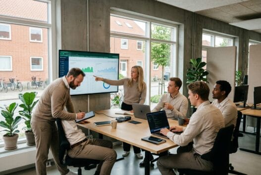 Et dansk webteam arbejder med digitale dashboards og webdesign på et moderne kontor i Bindslev
