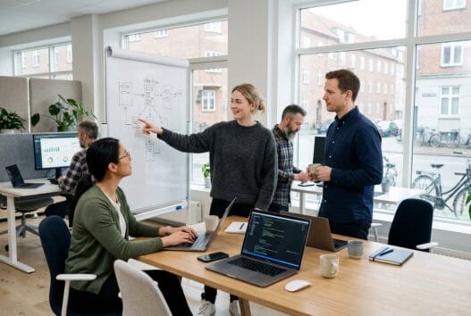 Skandinavisk webbureau i birgittelyst med team foran dashboards og laptop i moderne kontor