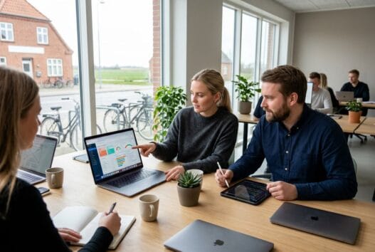 Dansk webbureau i birkelse med team foran skærme og digitale dashboards