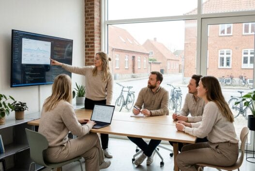 Moderne webbureau i birkende med dansk team ved computere og digitale dashboards