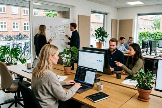 Skandinavisk team arbejder med webdesign og digitale data på kontor i Birkerød