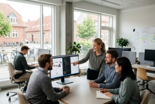 Skandinavisk webbureau i birket med team, der arbejder ved skærme med digital strategi og SEO