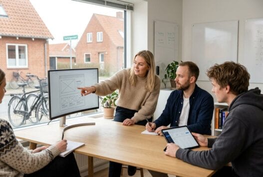 Dansk webbureau i birkum med team ved computer og digitale dashboards
