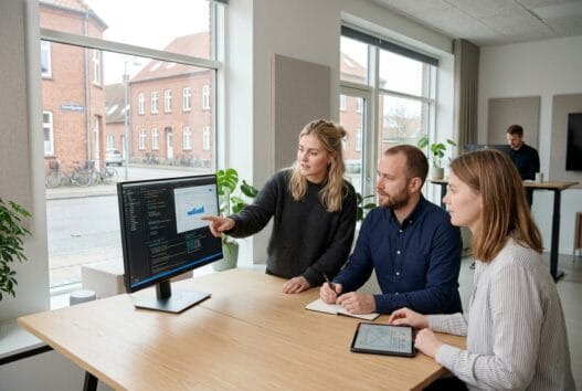 Dansk team arbejder med webdesign og SEO på kontor i Bislev