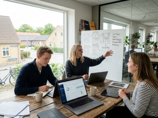 Moderne webbureau i Bjæverskov med team ved computer og digitale dashboards