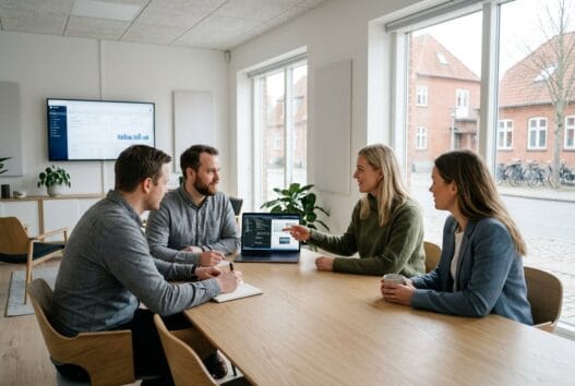 Moderne webbureau i Bjergby (7950) med dansk team, laptop og digitale dashboards i naturligt lys