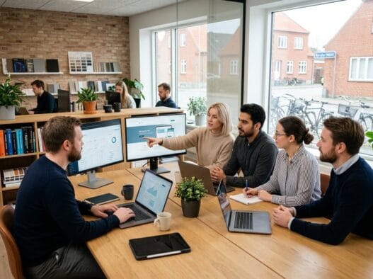 Dansk team arbejder med webdesign og data i moderne kontor i bjergby (9800)