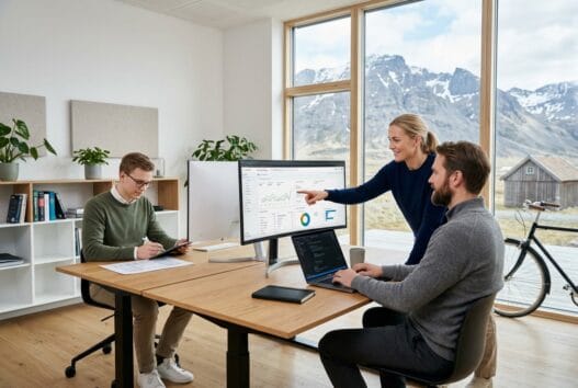 Dansk webbureau i bjerge med team foran computer og dashboards i moderne kontormiljø