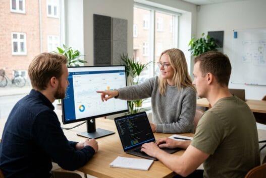 Moderne webbureau i Bjerndrup med dansk team, der arbejder ved computer med digitale løsninger