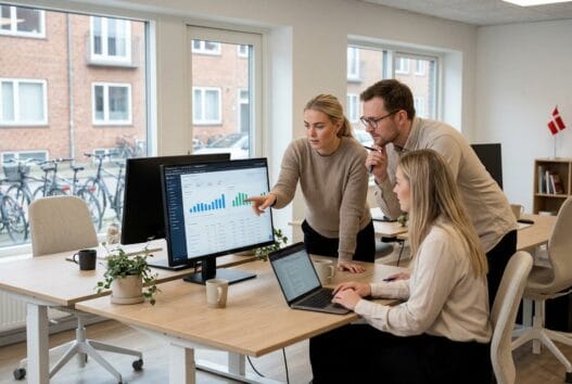 Moderne webbureau i bjerregrav med team ved computer og digitale dashboards