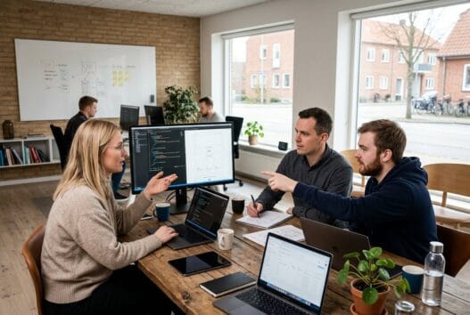 Skandinavisk webbureau i Bjerringbro med team ved computer og digitale dashboards