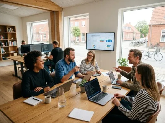 Moderne webbureau i Bjerringbro med dansk team, computerarbejde og digitale dashboards