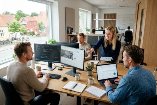 Moderne dansk webbureau i blåhøj med team foran computer og dashboards i naturligt lys