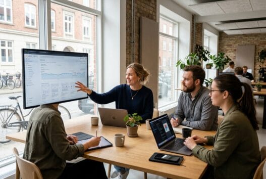 Skandinavisk team arbejder med webdesign og digitale analyser på kontor i blans