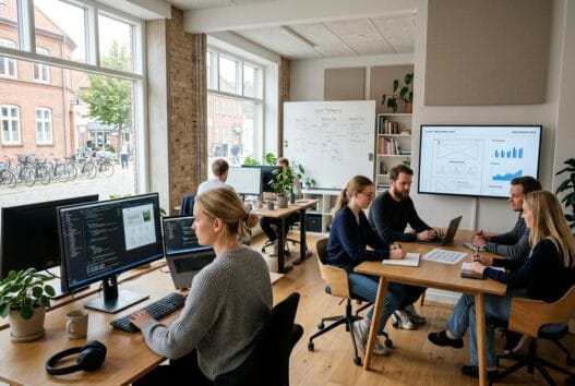 Dansk webbureau i Blegind med team foran skærme, der arbejder med design og digitale løsninger