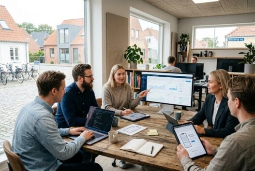 Skandinavisk webbureau i Blenstrup med team ved computer og digitale dashboards