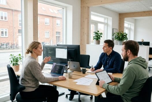 Skandinavisk webbureau i Blistrup med team ved computer og digitale dashboards