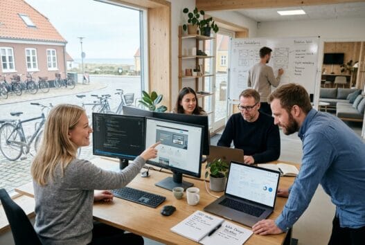 Skandinavisk team arbejder med webdesign og data i et moderne kontor i Blokhus