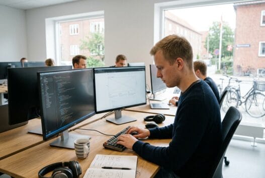 Moderne webbureau i Blommenslyst med dansk team foran skærme og digitale dashboards