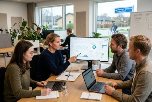 Moderne webbureau i Blovstrød med team ved computere og digitale dashboards i lyst kontor