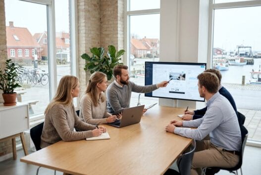Moderne webbureau i Bøjden med dansk team foran computerskærme og digitale dashboards