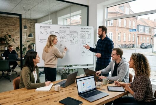 Skandinavisk team arbejder med webdesign og digitale dashboards på et moderne kontor i bølling